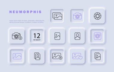Galeri çizgi simgesi belirledi. Kamera, selfie, lens, lensler, avatar. Neumorphism tarzı. İş ve reklam için vektör satırı simgesi