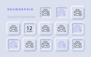 Posta satırı simgesi. Yangın, teslimat, yazışmalar, posta kutusu, akıllı telefon, SMS. Neomorfizm tarzı. İş ve reklam için vektör satırı simgesi