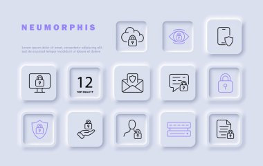 Kapalı kilit çizgisi simgesi. Şifre, güvenlik, koruma, dosya, fare, imleç, anahtar, kapı, SMS. Neomorfizm tarzı. İş ve reklam için vektör satırı simgesi