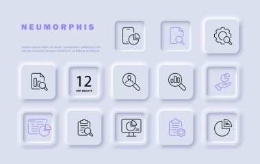 Grafik çizgisi simgesi. Ekonomi, arama, akıllı telefon, diyagram, pasta grafiği, web sitesi, minör, veri analizi. Neomorfizm tarzı. İş ve reklam için vektör satırı simgesi