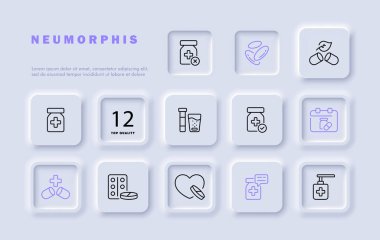 Tıp set çizgisi simgesi. Tabletler, harç, tokmak, kalkan, tedavi, doğal malzemeler. Neomorfizm tarzı. İş ve reklam için vektör satırı simgesi