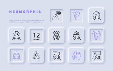 Takım çalışması çizgisi simgesi. Performans, saatler, derecelendirme, destek, gezegen, şirket. Neomorfizm tarzı. İş ve reklam için vektör satırı simgesi