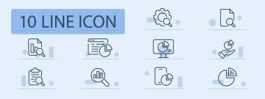 Bilgi ayarlama simgesi. Grafik, monitör, analiz, büyüteç, dosya, arama, liste, akıllı telefon. Pastel renk arkaplanı. İş ve reklam için vektör satırı simgesi.