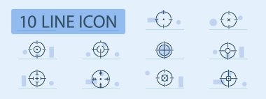Hedef belirleme satırı simgesi. Dürbün, tüfek, ateşli silah aksesuarı, hassasiyet, doğruluk, hedef alma, ateş etme, avlanma, spor. Pastel renk arkaplanı. İş ve reklam için vektör satırı simgesi.