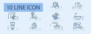 Antiseptik set ikonu. Hijyen, temizlik, sağlık, sağIık, kişisel bakım, günlük rutin, duş, banyo. Pastel renk arkaplanı. İş ve reklam için vektör satırı simgesi.