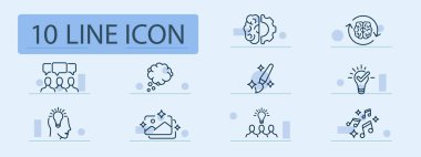 Yaratıcı süreç çizgisi simgesi. Takım çalışması, işbirliği, yaratıcılık, beyin fırtınası, fikirler, yenilik, kolektif çaba. Pastel renk arkaplanı. İş ve reklam için vektör satırı simgesi.