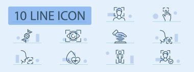 Satır simgesini ayarla. Biyometri, güvenlik, kimlik doğrulama, kimlik tespiti, parmak izi, göz tanıma. Pastel renk arkaplanı. İş ve reklam için vektör satırı simgesi.