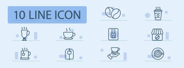 Kahve evi çizgisi simgesi. Bardak, çay, bardak, içki, kafein, öğütme, tahıl, bulaşık.. Pastel renk arkaplanı. İş ve reklam için vektör satırı simgesi.