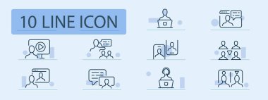 Video sunucu satır simgesi. Teknoloji, akıllı telefon, iletişim, online arama, mesaj, dizüstü bilgisayar. Pastel renk arkaplanı. İş ve reklam için vektör satırı simgesi.