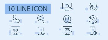 Reklam satırı simgesi. Hedef reklam, monitör, online alım, hedef kitle, akıllı telefon, internet. Pastel renk arkaplanı. İş ve reklam için vektör satırı simgesi.