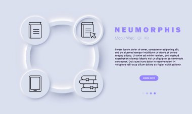 Bilgi çizgisi simgesi. Bilgilendirici, yapısal, kapsamlı, tablet, kitap yığını, fare, imleç. Neomorfizm tarzı. İş ve reklam için vektör satırı simgesi.
