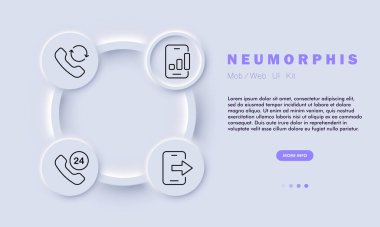 Bağlantı hattı simgesi. Bağlı, sanal toplantı, veri gönderme, kurye, akıllı telefon, 24 saat, 3 bağlantı şeridi. Neomorfizm tarzı. İş ve reklam için vektör satırı simgesi.