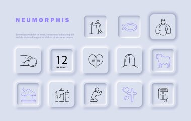 Dua satırı simgesi ayarlandı. Ruhani, inanç, inanç, melek, vaaz, cemaat, İncil, mezar taşı, ritüeller. Neomorfizm tarzı. İş ve reklam için vektör satırı simgesi.