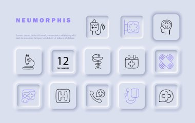 Hastane hattı ikonu hazır. Terapi, tedavi, iyileşme, iyileşme, yama, mikroskop, damla, klasör. Neomorfizm tarzı. İş ve reklam için vektör satırı simgesi.