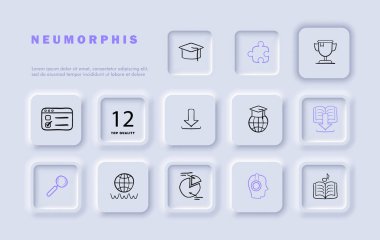 Rota çizgisi simgesi ayarlandı. Çevrimiçi öğrenme, e-öğrenme, eğitim, mezuniyet şapkası, büyüteç, sesli kitap, pasta grafiği, web sitesi. Neomorfizm tarzı. İş ve reklam için vektör satırı simgesi.