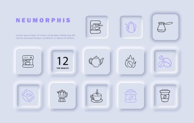 Kahve makinesi çizgisi simgesi seti. Kahve demleme, kahve hazırlama, espresso dökme, tahıl öğütme, ibrik, kızartma. Neomorfizm tarzı. İş ve reklam için vektör satırı simgesi.