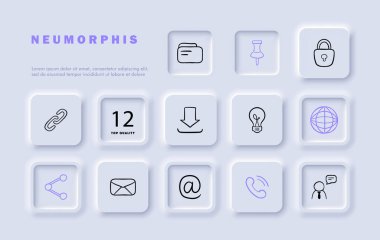 İletişim hattı simgesi ayarlandı. İş, strateji, yenilik, liderlik, kapalı kilit, ampul, posta, paylaşım, klasör, internet, köpek. Neomorfizm tarzı. İş ve reklam için vektör satırı simgesi.