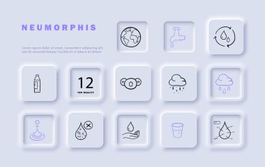 Susuzluk çizgisi simgesi ayarlandı. Berrak, saf, ferahlatıcı, susatıcı içecek, içecek, içecek, bulut, yağmur, bardak. Neomorfizm tarzı. İş ve reklam için vektör satırı simgesi.