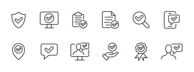 Doğrulama simgesi ayarlandı. Doğrulanmış dosyalar, belgeler, bilgisayarlar, insanlar, hizmetler, sohbetler, aramalar, telefonlar, ekipmanlar, koruma, doğrulama. Doğrulanmış içerik kavramı. Vektör simgesi .