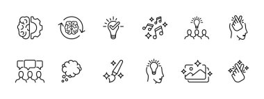Simge oluşturulmuş fikirleri ara. Zihin yapısı, sabit düşünce süreçleri, fikir, müzik, farkındalık, tartışma, takım çalışması, düşünceler, yaratıcılık, parmak şıklatma. Sanat yaratmak, başlangıç konsepti. Vektör simgesi .