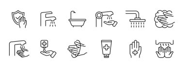 Çamaşır seti simgesi. Dezenfeksiyon, su musluğu, banyo, banyo, sabun ve ellerini yıkama, tıbbi el kremleri ve yağlar, kurutma elleri. Sağlık sigortası konsepti. Beyaz arkaplanda vektör simgesi.