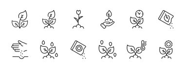 Bitkiler ikon oluşturur. Bitki ve yayılımı, filiz, çiçek, büyümeyi, tohumları, ekmeyi, sulamayı, ışıklandırmayı, sıcaklığı bekliyor. Tarım sektörü konsepti. Beyaz arkaplanda vektör simgesi.