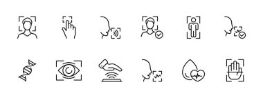 Tanınma simgesi belirlendi. Yüz tanıma, parmak izi, ses. Yüz, vücut, ses, avuç içi, kan, DNA taraması. İnsan tarama ve tanıma sistemleri kavramı. Beyaz arkaplanda vektör simgesi.