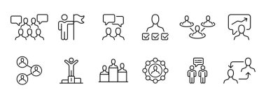 Simge komutunu ayarla. Topluluk, tartışma, bölüm, iletişim, seçimler, ademi merkeziyet, grafikler, lider, derecelendirme, selefin değişimi. Toplum, kafa seçimi konsepti. Vektör simgesi .