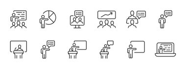 Sunum simgesi. Metin sunumu, diyagramlar, boş pencereler. Bir şeyler söylemek, televizyon, toplumun tutumu, bir rapor. Beyaz arkaplanda vektör simgesi.