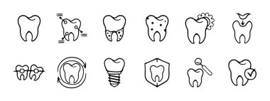Diş seti simgesi. Diş analizi, bakımı, ağız sağlığı, diş çektirme, diş teli, diş koruma. Dişçi konsepti. Beyaz arkaplanda vektör simgesi