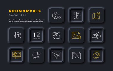 Navigasyon simgesi ayarlandı. Bayrak, küre, izleme, kitap, harita, pusula, hedef, internet haritaları, haber raporları, büyüteç. Harita konsepti Neomorfizm biçimi Vektör simgesi ile çalışarak seyahat et 