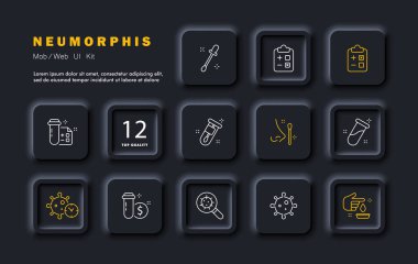 Analizler simgeyi ayarlar. Testler, virüs, çubuk, test tüpü, DNA, pozitif ve negatif sonuç, ödeme, kan bağışı, covid, hastalıkları arama Neomorfizm biçimi Vektör simgesi 