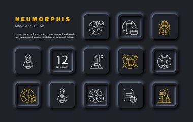 Küre kümesi simgesi. Raporlama, dünya çapında dağıtım, ülke başkanları, toplantı, zaman dilimi, dünya görüşmeleri, seyahat, makaleler, belgeler. Neomorfizm biçimi Vektör simgesi 