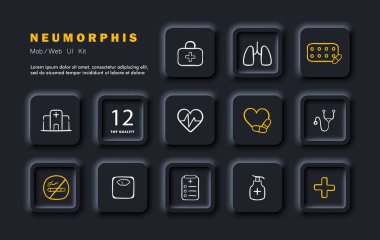 Tıp seti simgesi. İlk yardım kiti, nabız, akciğerler, haplar, hastane, sigara yasağı, sağlıklı yağlar, kremler, artı işareti, pullar, kalp atışı Neomorfizm tarzı Vektör simgesi 