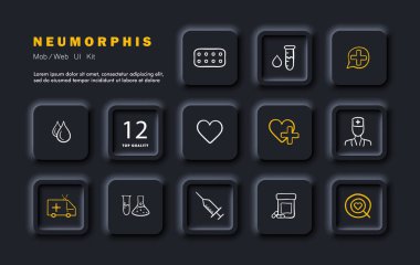 Tıp seti simgesi. Haplar, kalp, sıvı, tıbbi bakım, ambulans, şırınga, hap, çözümler, kalp atışı doktoru tedavi konsepti Neomorfizm stili Vektör simgesi 
