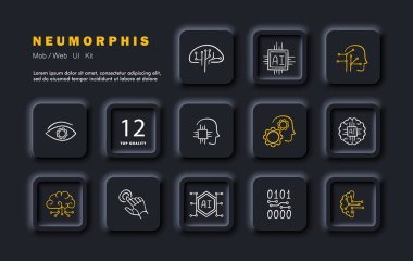Yapay zeka simgesi belirlendi. Nöronlar, implantlar, yapay zeka, insan, yerleştirilebilir beyin bilgisayar arayüzleri, kod, iletişim. İnsan vücudunun modernizasyonu. Neomorfizm biçimi Vektör simgesi 