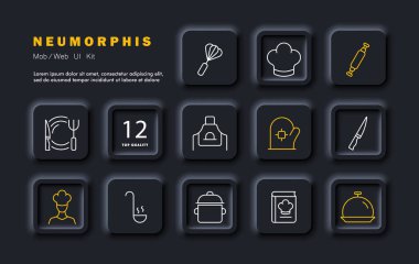 Mutfak seti simgesi. Mutfak gereçleri, merdane, aşçı şapkası, bıçak, çırpı, yemek tarifi kitabı, aşçı, servis tabağı, tencere, kepçe, eldiven ve önlük. Neomorfizm tarzı. Vektör simgesi 