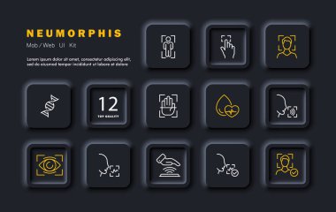 Tanınma simgesi belirlendi. Yüz tanıma, parmak izi, ses. Yüz, vücut, ses, avuç içi, kan, DNA taraması. İnsan tarama ve tanıma sistemleri kavramı. Neomorfizm biçimi Vektör simgesi 