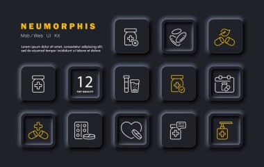 Haplar ikona yerleştirilmiş. Doğal ürünler, kırmızı kan hücreleri, ilaç takvimi, krem, merhem, ürün tanımı, kalp hapları, radyasyon hapları, antibiyotikler, ilaç Neomorfizm tarzı Vektör simgesi 