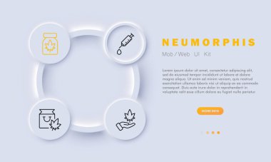 Tıbbi marihuana ikonu seti. İlaç, şırınga, esrar, ağrı, terapi, eczane, hukuk, onkoloji, kronik reçete. Neomorfizm tarzı. İş ve reklam için vektör satırı simgesi