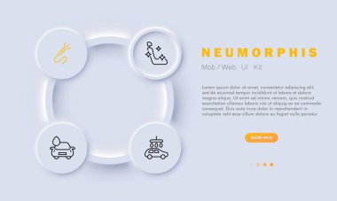 Araba yıkama çizgisi simgesi. Parıltı, mikrofon, hortum, su, sünger, temizlik ürünleri. Neomorfizm tarzı. İş ve reklam için vektör satırı simgesi