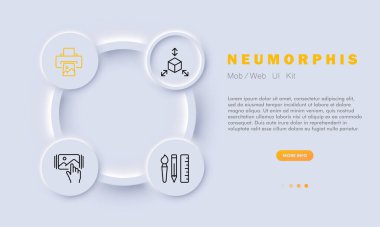 Galeri çizgi simgesi belirledi. Kamera, drone, film, USB, selfie, lens, lens, avatar. Neomorfizm tarzı. İş ve reklam için vektör satırı simgesi