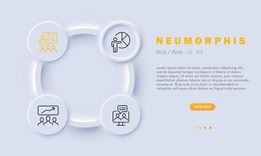 Topluluk önünde konuşma simgesi. Şirket, dizüstü bilgisayar, sunum, pasta grafiği, bilgi analizi, pedistal. Neomorfizm tarzı. İş ve reklam için vektör satırı simgesi