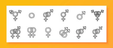 Cinsiyet tolerans simgesi belirlendi. Cinsiyet, kimlik, klişe, aidiyet, kendini ifade etme, uyum. Beyaz arkaplanda siyah bir simge. İş ve reklam için vektör satırı simgesi