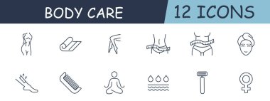 Kilo kaybı çizgi simgesi. Egzersiz, sağlık, cilt bakımı. Duş, tarak, jilet, su. 12 satır simgesi. İş ve reklam için vektör satırı simgesi