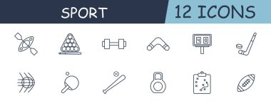 Spor malzemeleri çizgisi simgesi. Eldivenler, bowling, top, madalya, boks, tenis, saha, kronometre, su, dambıl. 12 satır simgesi. İş ve reklam için vektör satırı simgesi
