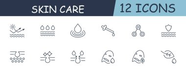 Cilt bakımı çizgi simgesi. İndirme, nemlendirme, maske, Kore kozmetik ürünleri, tedavi, çiğneme. 12 satır simgesi. İş ve reklam için vektör satırı simgesi