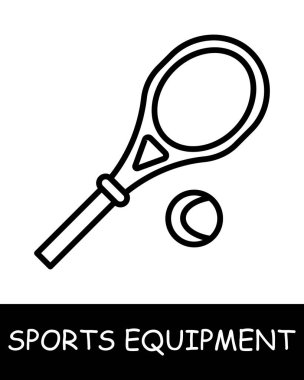 Büyük tenis sahası ikonu. Spor malzemeleri, hokey sopası, basketbol, tenis raketi, voleybol, boks eldivenleri, halter, halter, ip atlama, kayak. İş ve reklam için vektör satırı simgesi