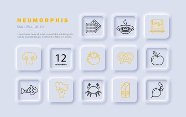 Yemek takımı ikonu. Balık, domates, hamur işi, süt, yengeç, krep, elma, doğal ürünler, mantar, turp, çorba, sıcak, gradyan, lezzetler, alışılmadık yiyecekler. Sağlıklı beslenme konsepti. Neomorfizm biçimi.