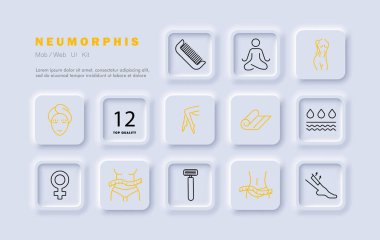 Dişi güzellik seti simgesi. Kadın bacakları ve şekli, siluet, meditasyon, sıvı, deri, jilet, cetvel, tarak, havlu, saç kesimi, güzellik, eğim. Kişisel bakım konsepti. Neomorfizm biçimi.